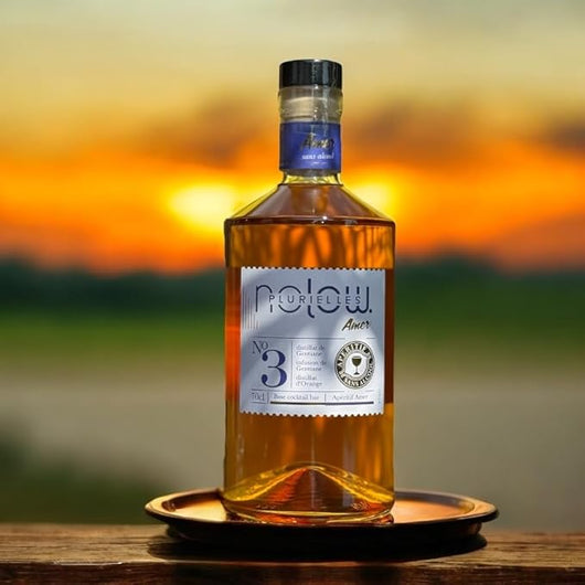 Bouteille de NOLOW N°3 Distillat Amer sans alcool sur un plateau au coucher de soleil.